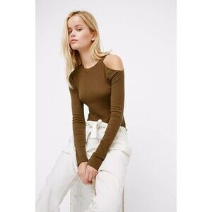 INTIMATELY FREE PEOPLE Green River Layering Top Cold Shoulder Rib SIZE MEDIUM